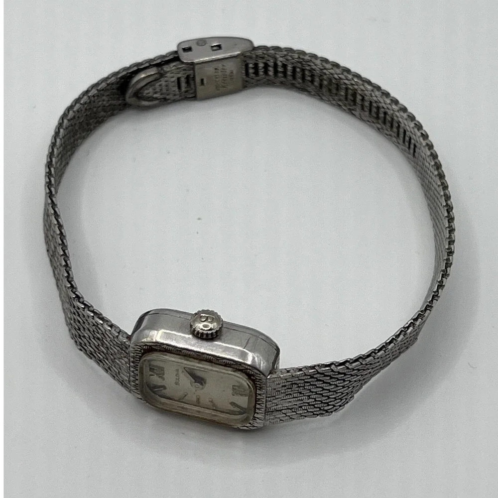 Bulova Vintage Cocktail Watch Womens Silver 10K RGP Mesh Band Needs Battery